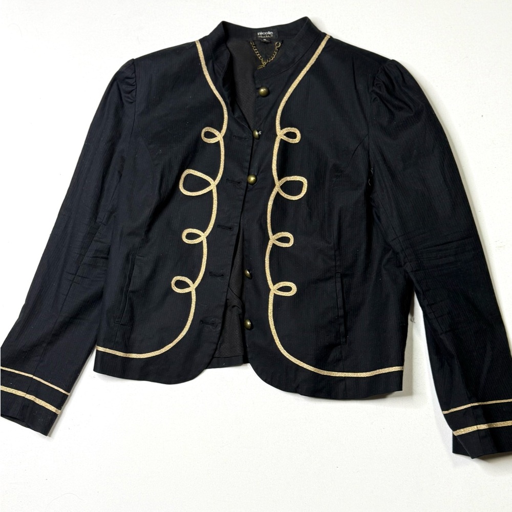 Nicole Miller Military Band Jacket Black Gold Trim Cropped Blazer Size 16